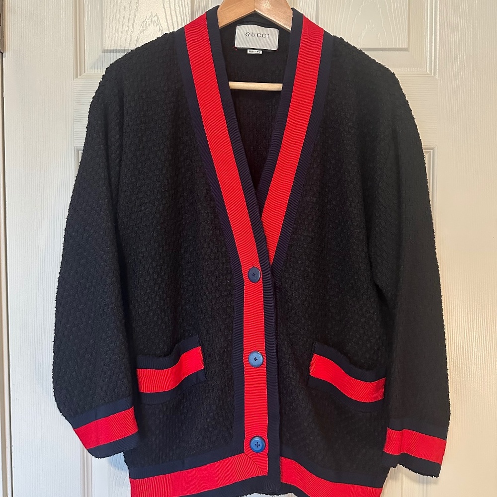 Gucci Navy Cardigan with Red Trim